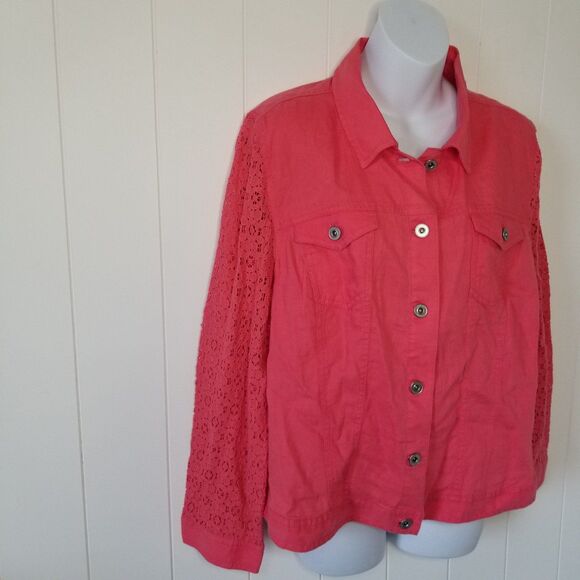 Chico's Jacket Size 2 US Medium Petite Button Up Lace Sleeve Linen - Picture 2 of 9